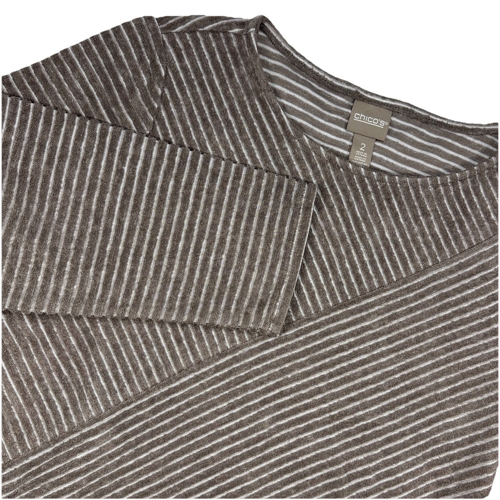 Chicos Angled Lines Spliced Boat Tunic Top Size 2 Taupe White Striped New